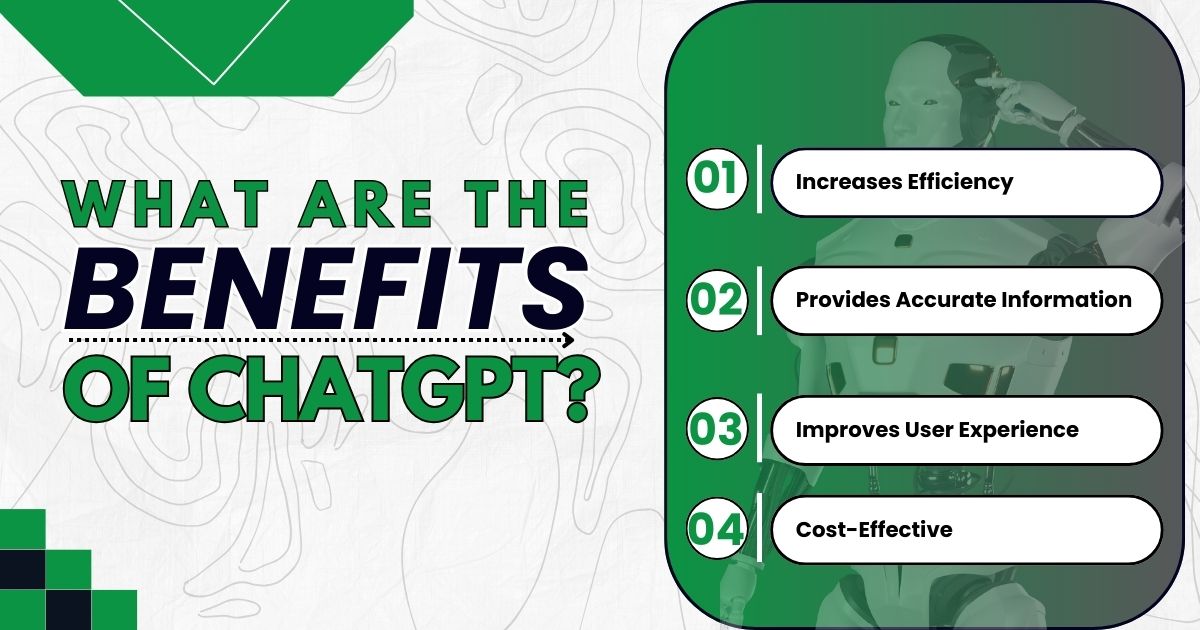 Visual titled 'What Are the Benefits of ChatGPT?' showcasing efficiency, accuracy, and cost-effectiveness.
