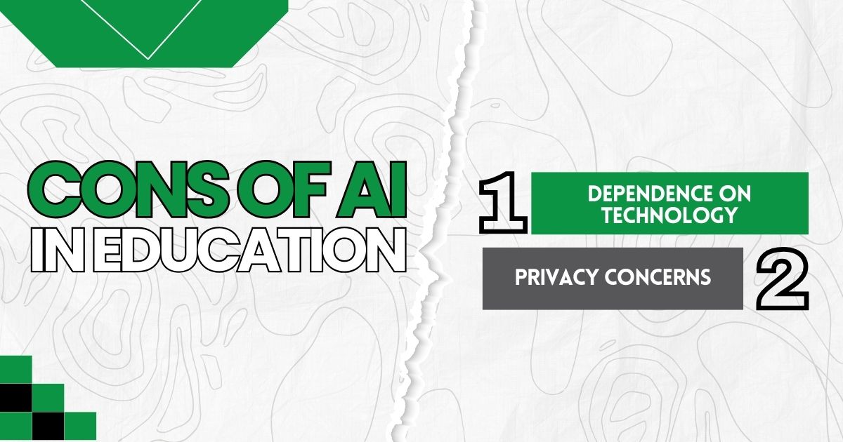 Image highlighting the cons of AI in education: dependence on technology and privacy concerns.