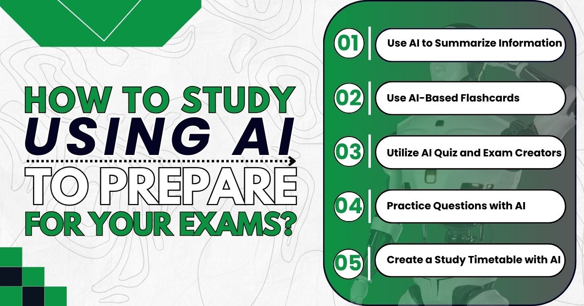 Using AI to study for exams: flashcards, quizzes, practice questions, and study timetables.